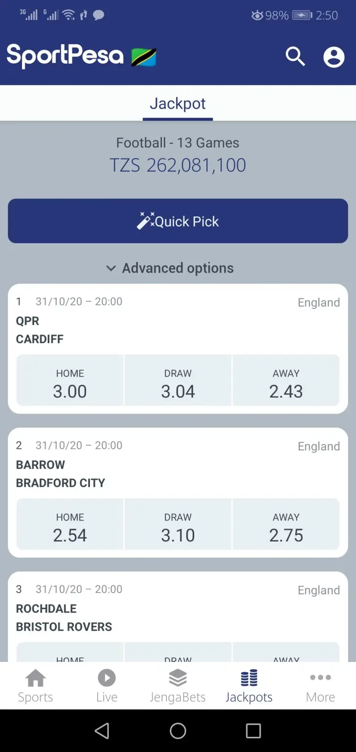 Screenshot of SportPesa